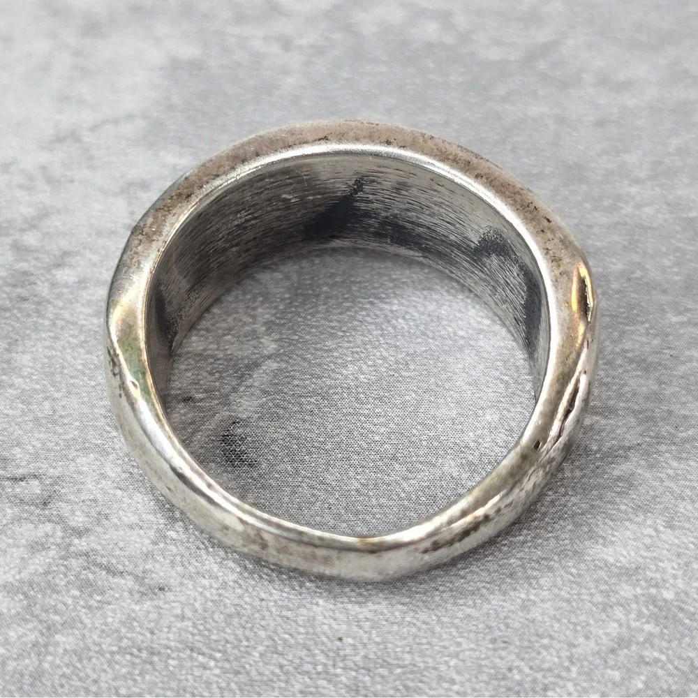 Vintage Southwestern Ring Turquoise Inlay Geometric Band Silver Tone Size 9